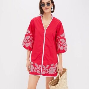 Elegant Red Floral Dress with White Embroidery